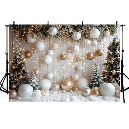 MEHOFOND 7x5ft Christmas Photography Backdrop Winter Snow White Christmas Tree Ball Light String Portrait Background Photo Family Party Dining Table Decoration Banner Photography Studio Props