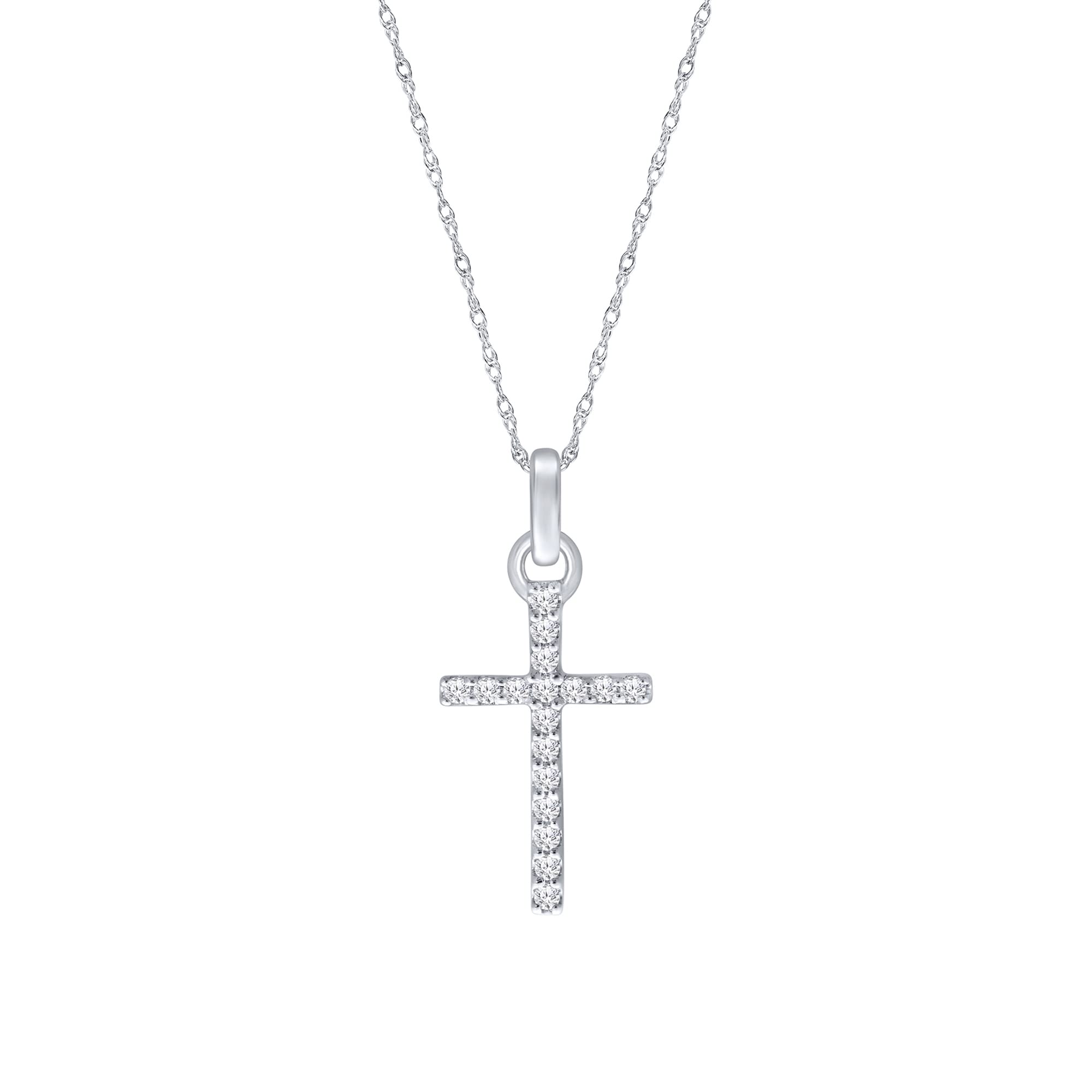 Elmas JewelryElmas 1/7ct Round White Diamond 10K White Yellow Rose Gold Minimalist Cross Pendant Necklace for Women