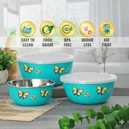 Image of Zaib Microwave Safe Stainless Steel Food Storage Containers with Lid | Pack of 3 | Sizes 12 cm, 14 cm, 16 cm | Capacity 500 ml, 750 ml, 1250 ml | Snap Fit Lid (Green Butterfly 3)