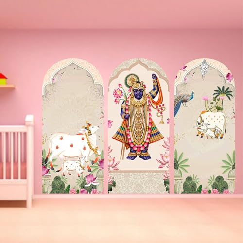 Image of Ridit Creation Shrinathji Wall Poster | Traditional Indian Pichwai Art with Cow & Peacock | 3 Panel Arch Style Spiritual Wall Decor for Pooja Room