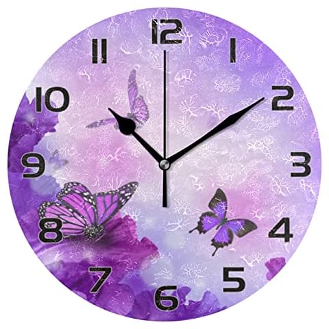 Moudou Purple Butterfly Wall Clock Silent Non Ticking Battery Operated Round Clock for Bathroom Living Room Bedroom Office School Home Decoration 10 Inch Cover