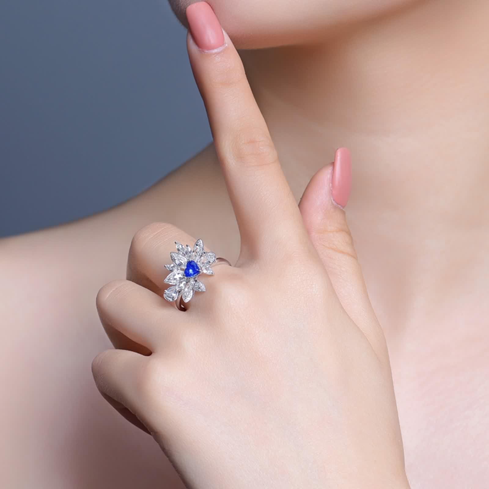 Fedi Nuziali Oro Bianco, Anelli Semplici 18K Blue Lab Ha Creato Zaffiro A Forma di Cuore con Diamante Bianco Regalo Anello di Fidanzamento