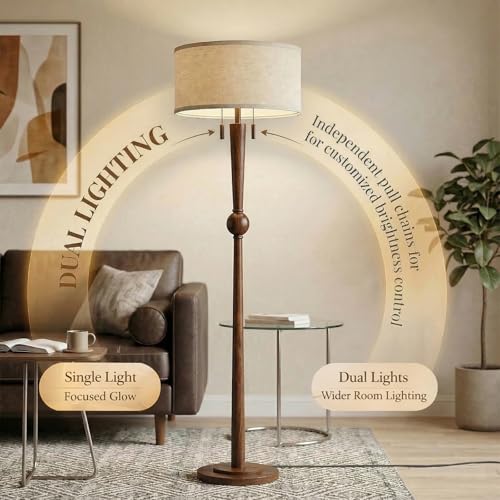 Image of MOFFE Solid Wood Floor Lamp for Living Room with Wooden Pull Chains