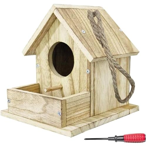 DIY Outdoor Wooden Bird Feeding Build House,Wooden Bird House Kit for Outside Hanging,4.6 Inches Bird Nest, Nesting Box for Backyard Courtyard Patio Decor with Bolt Driver