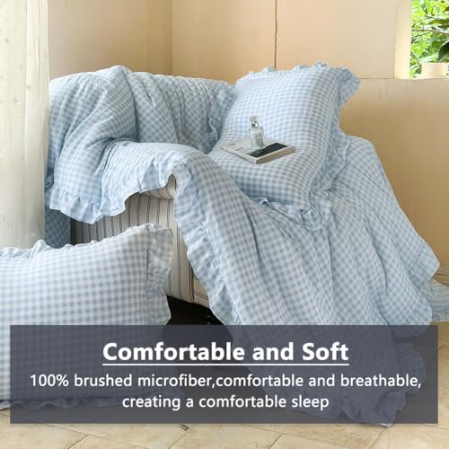 Image of NSNLGSGC Light Blue Ruffle Gingham Comforter Set Twin, Pre-Washed Ruffled Plaid Checked Comforter Bedding, 2 Pieces Vintage Farmhouse Grid Bedding Set(Blue Gingham, Twin)