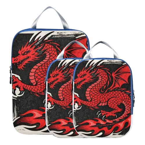 With Zipper 3 Set Packing Travel Organizer 100 percent durables Polyester Closet Organizer Storage, Fashion Chinese Dragon Black and Red (3 Set)