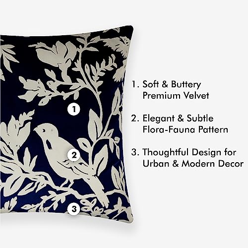Image of Birds Designer Velvet Cushion Cover | Decorative Cushion Cover | Modern & Trendy | for Sofa Chair Bedroom | Set of 1 (16 x 16 Inch, Blue & Silver)