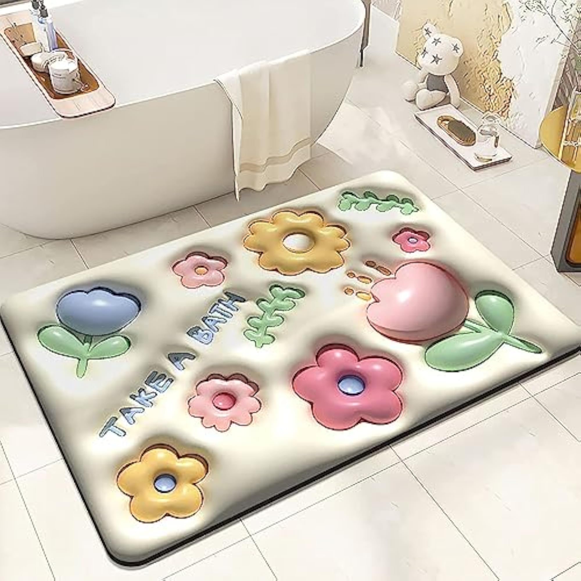 Blossom 3D Floral Bathroom Carpet, Visual Absorbent Floor Mat