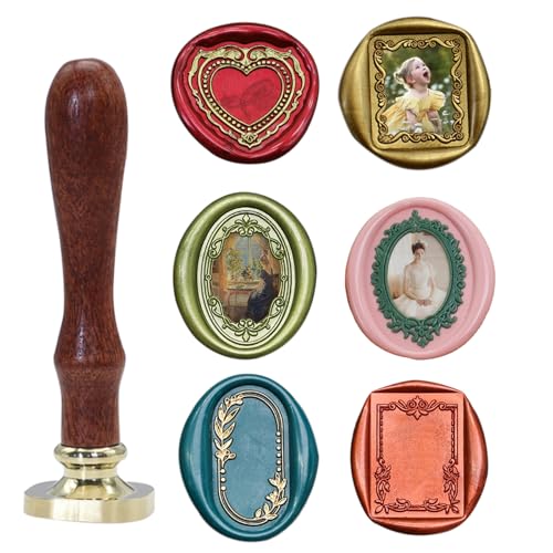 Andotopee 6-in-1 Vintage Embossed Frame Wax Seal Stamp Kit- Rectangle & Oval & Heart 3D Relief Photo Frame Seal Stamps with Wood Handle Retro Sealing Wax Stamp for Wedding Invitations Letters