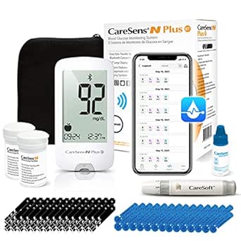 CareSens N Plus Bluetooth Blood Glucose Monitor Kit with 100 Blood Sugar Test Strips, 100 Lancets, 1 Blood Glucose Meter, 1 Lancing Device, Travel Case for Diabetes Testing Kit (Auto-Coding Glucometer kit with 1 Control Solution)…