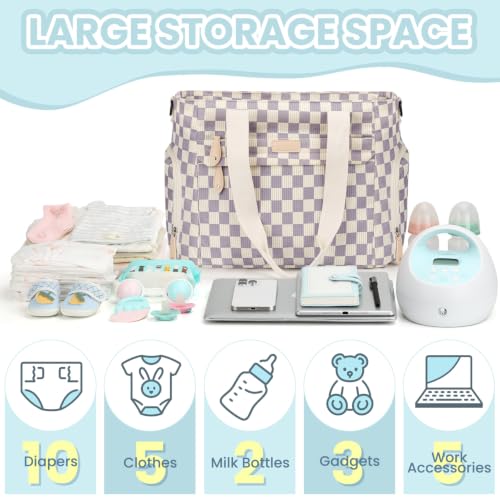 Image of Pritent Diaper Bag Tote for Working Mom, Large Travel Diaper Tote for Mom and Dad with 14 Inch Laptop Sleeve, Mommy Maternity Travel Baby Bag for Boys and Girls, Checkered Purple
