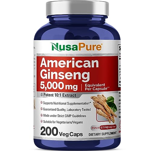 NusaPure American Ginseng 5000 mg - 200 Veggie Capsules (Vegetarian, Non-GMO & Gluten-Free)