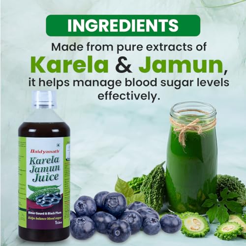 Image of BAIDYANATH AYURVED Karela Jamun Juice 1 L | Natural Remedy For Blood Sugar Management | Helps in Reducing the Bad Cholesterol Levels & Improves overall Health and Wellness (Pack of 3)