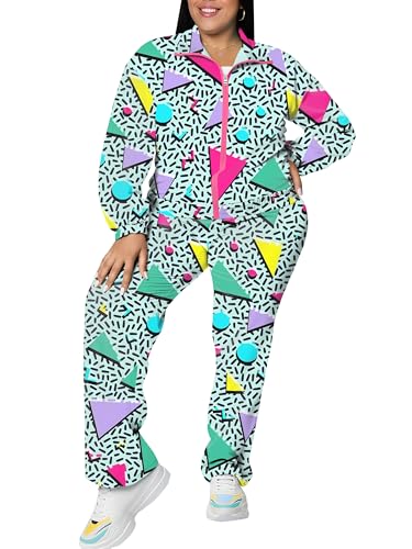 UOUA Plus Size 80s Outfit for Women 90s Costume Long Sleeves Windbreaker 2 Piece Party Tracksuit WhitePrint 5XL