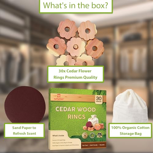 Image of Cedar Blocks for Clothes Storage - Raimarket 30 Pack Cedar Rings - 100% Natural Aromatic Cedar Wood Chips for Closets, Wardrobe, Drawers & Shelves - Scented Wardrobe Freshener