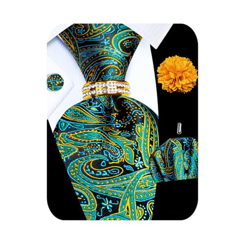 Image of 5PCS Mens Silk Tie, Pocket Square, Cufflinks, Drilled Tie Ring and Lapel Pin Set for Wedding Groom Party