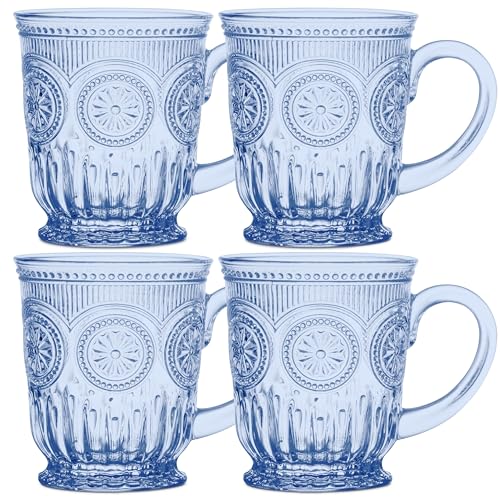 Blue Glass Mugs Set of 4, 10oz Coffee Cups or Vintage Tea Cups, Aesthetic Blue Mug Set, Unique Tea Cup Glass with Sunflower Design, Dishwasher Safe, Lead-Free