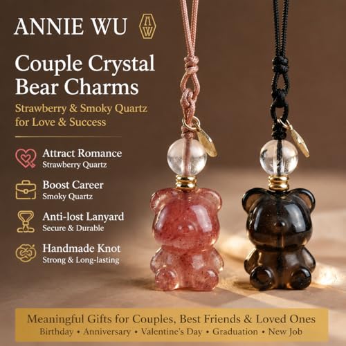 ANNIE WU Crystal Bear Couple Set, Natural Strawberry Quartz & Smoky Quartz Pendant, Cute Phone & Bag Keychain, Healing Lucky Crystal Gift for Women Men Couples — view 2