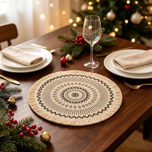 Boho Linen Round Christmas Placemats Set of 4 with Tassel for Xmax Gifts - image 1