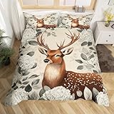 Homewish Bettbezug 200 x 200 cm, rustikaler Hirsch, Bettwäsche für Erwachsene, 2 Personen, elegant, bedruckt mit wilden Tieren, Bettbezug-Set, Dschungeltiere, Tagesdecke, weiße Blumen