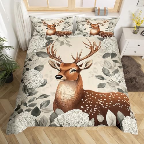 Homewish Bettbezug 200 x 200 cm, rustikaler Hirsch, Bettwäsche für Erwachsene, 2 Personen, elegant, bedruckt mit wilden Tieren, Bettbezug-Set, Dschungeltiere, Tagesdecke, weiße Blumen