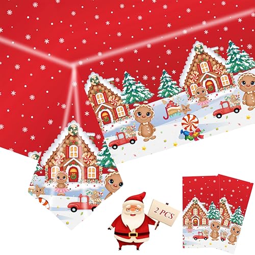 Paquete de 2 manteles de plástico rectangulares de Navidad de 54 x 108 pulgadas, mantel de fiesta de hombre de jengibre rojo, mantel desechable de Navidad para niños, mantel de fiesta de Navidad