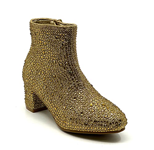 Forever Girls Rhinestone Boots Kids Low Heel Dress Booties Iceberg-12K Shoes Gold Rhinestone 1