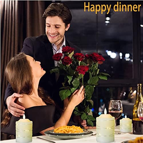 Battery Operated Led Flameless Candles :with Embedded String Lights,3 Pack Ivory Flickering Electric Candle lamp ,with 10-Key Remote Control and Cycle 24 Hours Timer Festival, Party, Home Decor