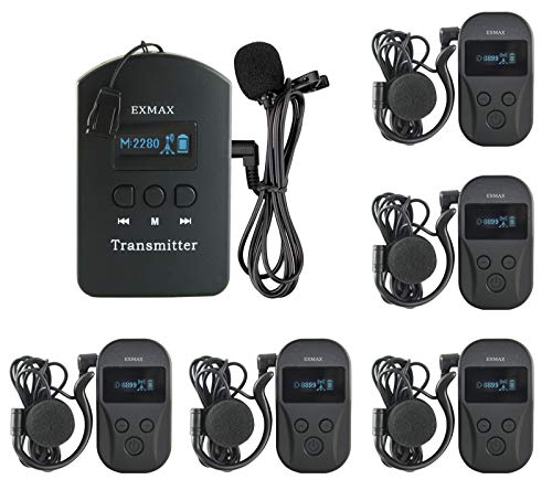 Sistema inalámbrico de interpretación de idiomas EXMAX EXD-101 de 2,4 GHz con 9999 canales para visitas guiadas en museos, capacitaciones, conferencias y ferias comerciales (1 transmisor y 5 receptores) miniatura 1