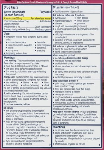 ALKA-SELTZER PLUS Maximum Strength PowerMax Cold and Cough Medicine,Liquid Gels for adults with Pain Reliever, Fever Reducer, Cough Suppressant and Nasal Decongestant, 24 count