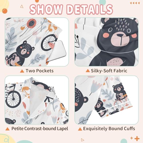 senya Bears Take Bicycles Satin Summer Pajama Sets Silk Short Sleeve Button Down Sleepwear3