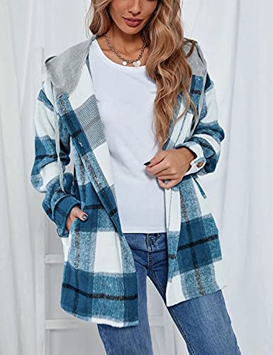 Bozanly Women's Oversized Flannel Plaid Shacket Jacket with Hood Long Sleeve Button Down Shirts Hoodie4