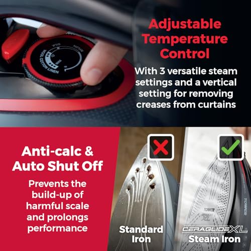 Tower T22032RED Steam Iron with Ceraglide XL Ceramic Soleplate, Adjustable Temperature Control, Anti-Drip & Anti-Calc, Auto Shut Off 350ml Water Tank, 3100W, Red & Black - Image 5