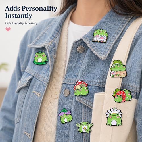 Image of 8Pcs Kawaii Frog Enamel Pin Set Cute Cartoon Frog Brooches, Lapel Pins for Backpacks, Jackets, Hats, Perfect Gifts for Women, Teens