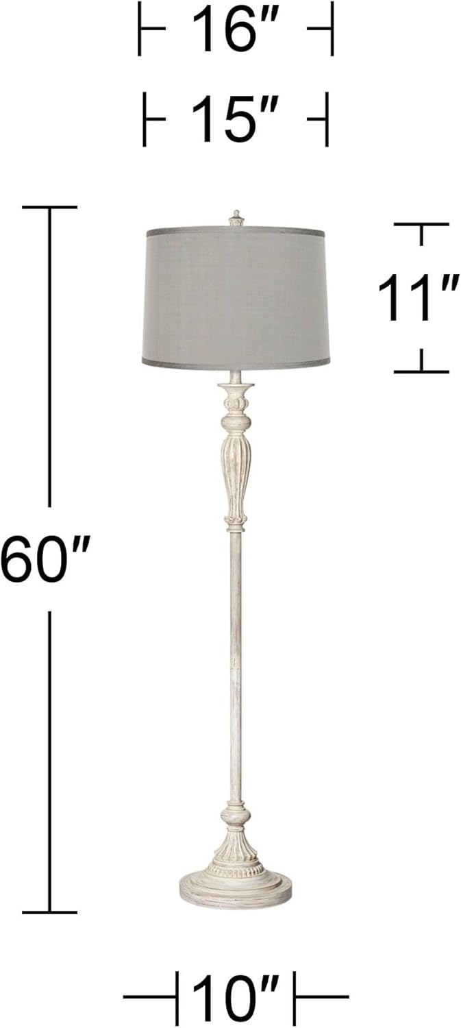 Possini Euro Design Traditional Vintage Shabby Chic Standing Floor Lamp 60" Tall Antique White Washed with Platinum Gray Dupioni Silk Drum Shade Decor for Living Room Reading House Bedroom Home