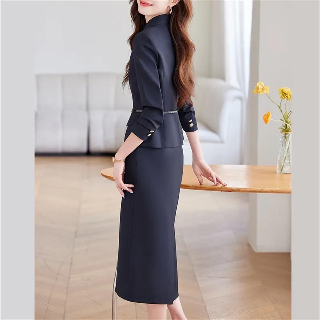 Women's Solid Long-Sleeved Lapel Single-Breasted Slim Office Suit and Skirt Set
