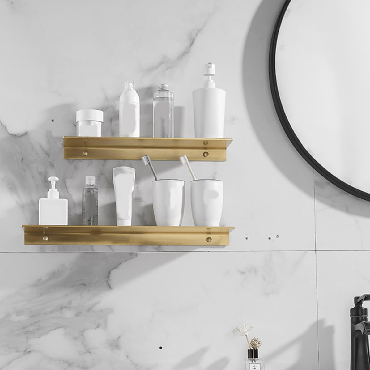 Mikikit 2pcs Bathroom Wall Floating Shelves Heavy Duty Aluminium Alloy Wall Mounted Storage Rack Rust-Proof and Stable Organizer for Bathroom or Shower