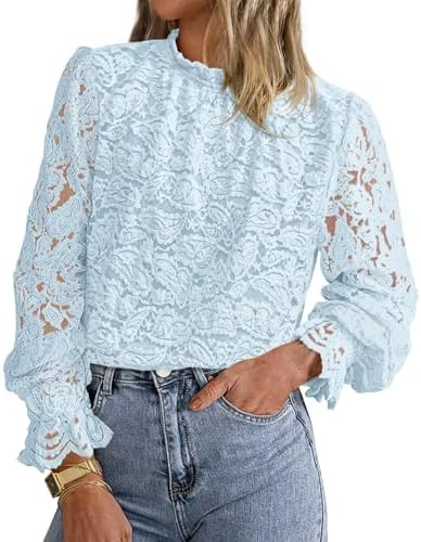 KIRUNDO Blouses for Women Dressy Casual Lace Long Sleeve Tops Mock Neck Ruffle Hem Shirts Fall Fashion Clothes