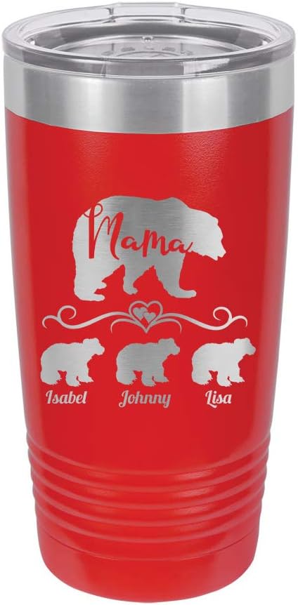 Customized Mama or Papa Bear Plus Kids 3D Laser Engraved Personalized Polar Camel 20 oz. Vacuum Insulated Tumbler Mug with Clear Lid Mother's Day Father's Day For Him For Her (Red Mama Bear)