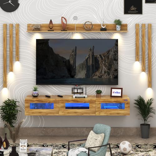 Image of Anikaa RayzaNote Engineered Wood Wall Mount TV Unit Acrylic Blue LED Storage Box, Side Wooden Accent Spot Light I Deal for Up to 50 Inch TV Giantwood - DIY Installation