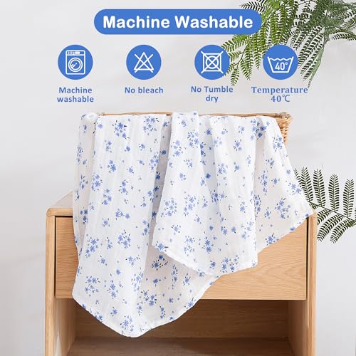 Image of Viviland Muslin Swaddle Blanket, Baby Swaddle Blanket for Boys & Girls, Nursery Receiving Blanket for Newborn, Baby Swaddle Wrap Soft Silky & Breathable, 4 Packs, 47 X 47In, Blue Floral