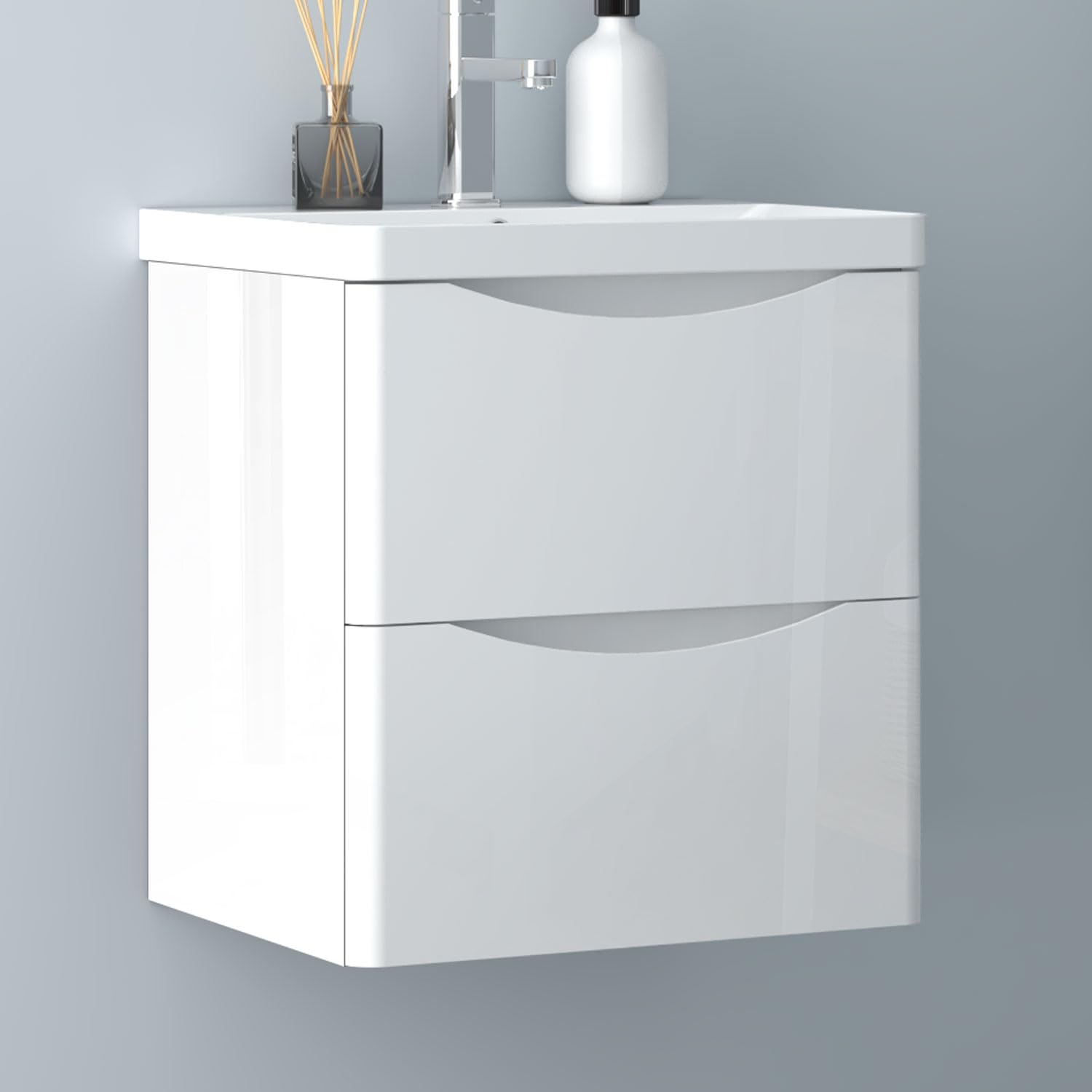 Hochglanz Weiß Badezimmerschrank 50cm Mineralgusswaschbecken mit Unterschrank Badmöbel-Set 2 Soft-Close Schubladen Hängend