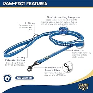 Good Scout 5′ Heavy Duty Bungee Leash for Small Dogs, Durable Walking & Training Leash for Puppies & Adult Dogs, D-Ring for Waste Bag Storage, Blue
