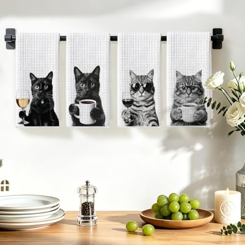 Image of 4 Pcs Funny Cat Kitchen Towels 24x14 Inch, Funny Reusable Dish Towels for Kitchen Coffee Station Wine Bar Decor, Waffle Weave Absorbent Hand Cloth Tea Towel, Cat Lover Gifts for Women Mom Friend