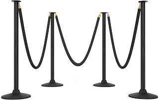 BATTIFE Plastic Stanchion Posts with Three Black Velvet Ropes and Weighted Rubber-Plastic Base, Crowd Control and Queue Management Barrier Poles for Party, Event, Red Carpet (4 Pack)