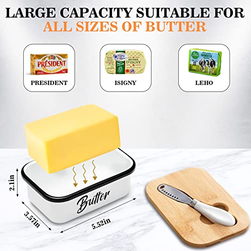 Farmhouse Butter Dish With Lid, Vivimee Metal Butter Container With Wooden Lid, White Butter Dish Keeps Your Butter Soft, Butter Keeper Holder, Butter Crock With Lid For Counter Or Fridge #TOP3
