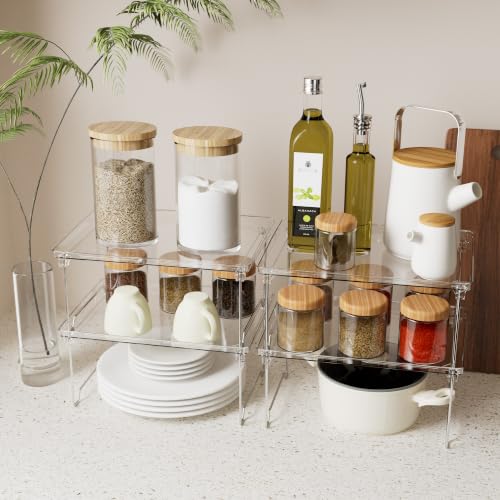 STARLATTA 2 Pcs Cabinet Organizer Shelf, Stackable Kitchen Counter Shelves, Spice Rack,Countertop Organizers, Clear Plastic Storage Shelves Rack for Makeup,Bathroom,Cupboard,Desk,Pantry Organization - Image 2