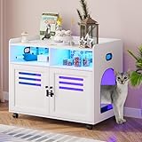 FOMNEY Cat Litter Box Enclosures, Hidden Litter Box Furniture with Human Body 3 Color LED Lights, Cage has 2 Open Drawer＆1 USB Port, Wooden Cat House Washroom for Living Room/Bedroom (White)