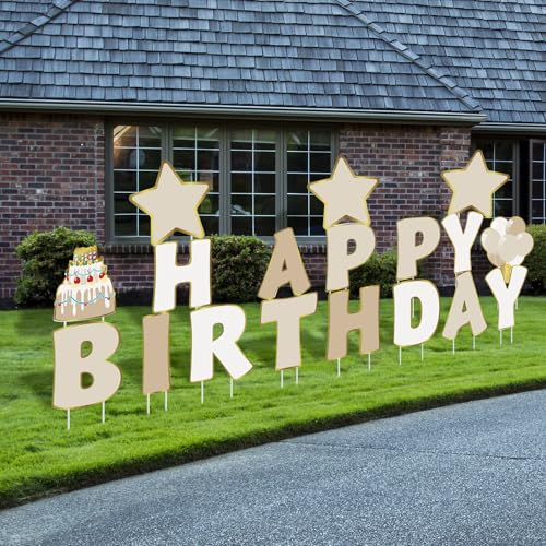 Jetec 18 Pieces Happy Birthday Yard Signs with Stakes, 16 Inches Birthday Outdoor Lawn Signs, Cake Balloon Patio Decorations, Garden Lawn Decorations for Party Outdoor Decor(Beige)