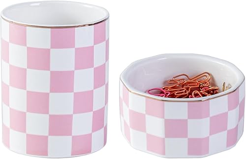 Miniatura 7 de Juego de 2 organizadores estéticos de escritorio para oficina, soporte para bolígrafos y dispensador de clips de papel, cerámica a cuadros, lindo